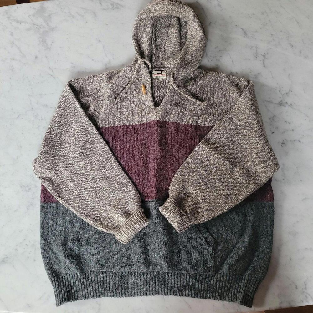 Vtg Winona Knit Men Wool Colorblock Heritage Pullover Knit Sweater Hoodie USA XL